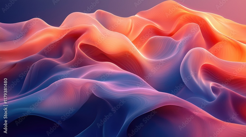 Fototapeta premium Abstract Flowing Waves: Dreamy Digital Art, Vibrant Colors, Serene Background, Peaceful Wallpaper, Ethereal Texture, Smooth Lines, Gradient, Dynamic Motion, Soft Curves, Mystical Design