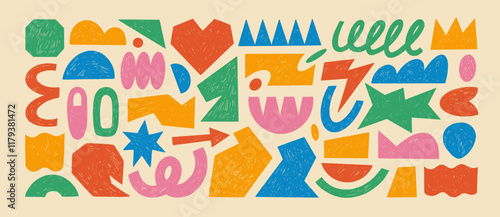 Crayon drawn geometric shapes and figures collection. Hand drawn vector naive forms, primitive and basic shapes with pencil texture. Funky trendy retro forms, cartoon kid stickers, doodle elements.