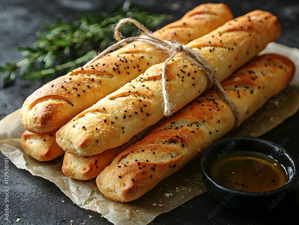 Crusty Breadsticks Wrapped in Parchment with Olive Oil Dipping Dish Baked Bread and Pastries Concept Crusty Breadsticks Wrapped in Parchment with Olive Oil Dipping Dish Baked Bread and Pastries Concept