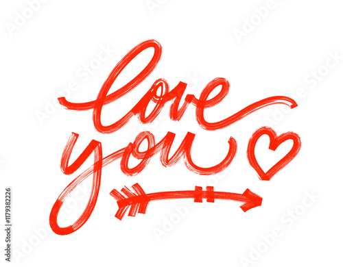 Bold brush drawn love you phrase with arrow and heart. Hand drawn romantic modern calligraphy. Lettering typography poster or card. Modern red lettering for Valentine's day, cursive thick text.