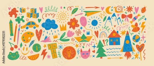 Funky childish doodles and icons drawn with crayon. Cute kid scribble doodle icons set.