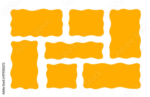 Hand drawn yellow organic rectangles and squares with wavy jagged borders. Quote minimalist frames blank template set. Vector abstract geometric forms for text, messages, pictures.  Organic flat blobs