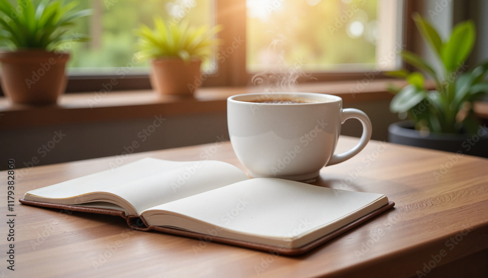 Cozy coffee cup and blank notebook on wooden table, morning inspiration Cozy coffee cup and blank notebook on wooden table, morning inspiration
