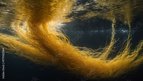 Mysterious Underwater Scene with Golden Seaweed Canopy