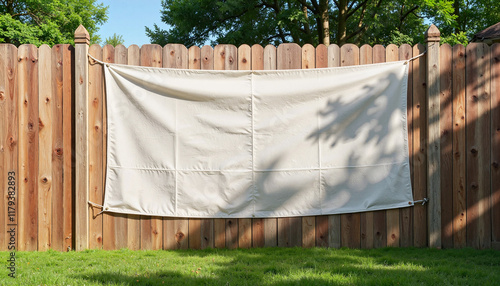 Fabric banner hanging on wooden fence in sunny garden, customizable design