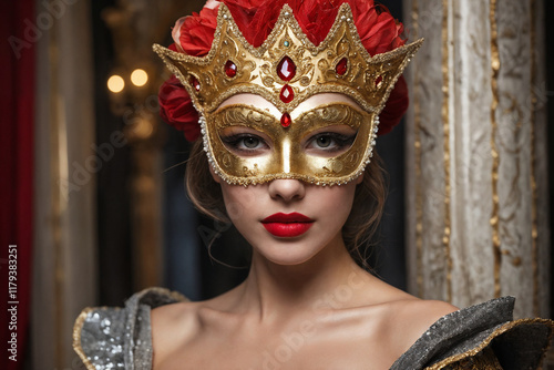 Wallpaper Mural Beauty model woman wearing venetian masquerade carnival mask at party, over holiday background. Christmas and New Year celebration. Sexy girl with holiday makeup and manicure. Red lips and nails Torontodigital.ca