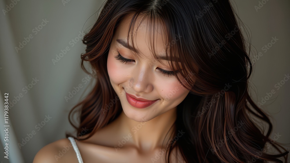 A captivating close-up of a woman, her dark brown locks framing a leftward glance, against a subtle backdrop of gray walls and soft white drapery, set off by a crisp white tank top A captivating close-up of a woman, her dark brown locks framing a leftward glance, against a subtle backdrop of gray walls and soft white drapery, set off by a crisp white tank top