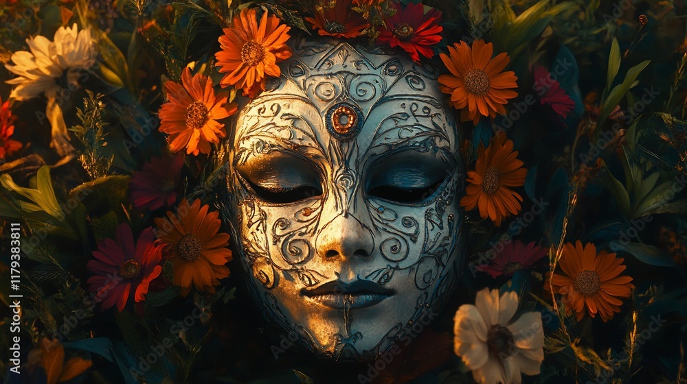 Floral Mask, serene face, sunset, garden Floral Mask, serene face, sunset, garden