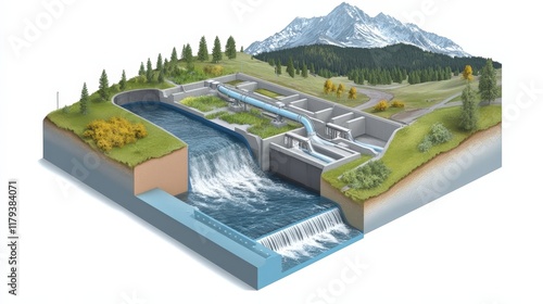 A diagram illustrating the components of a run-of-the-river hydroelectric system and its environmental benefits. photo