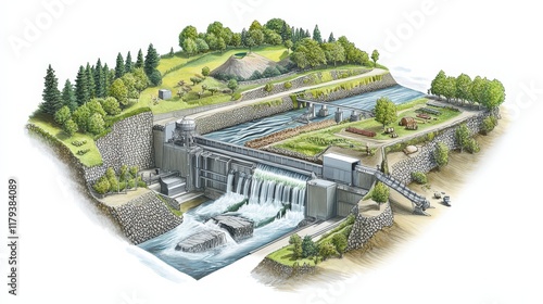 A diagram illustrating the components of a run-of-the-river hydroelectric system and its environmental benefits. photo