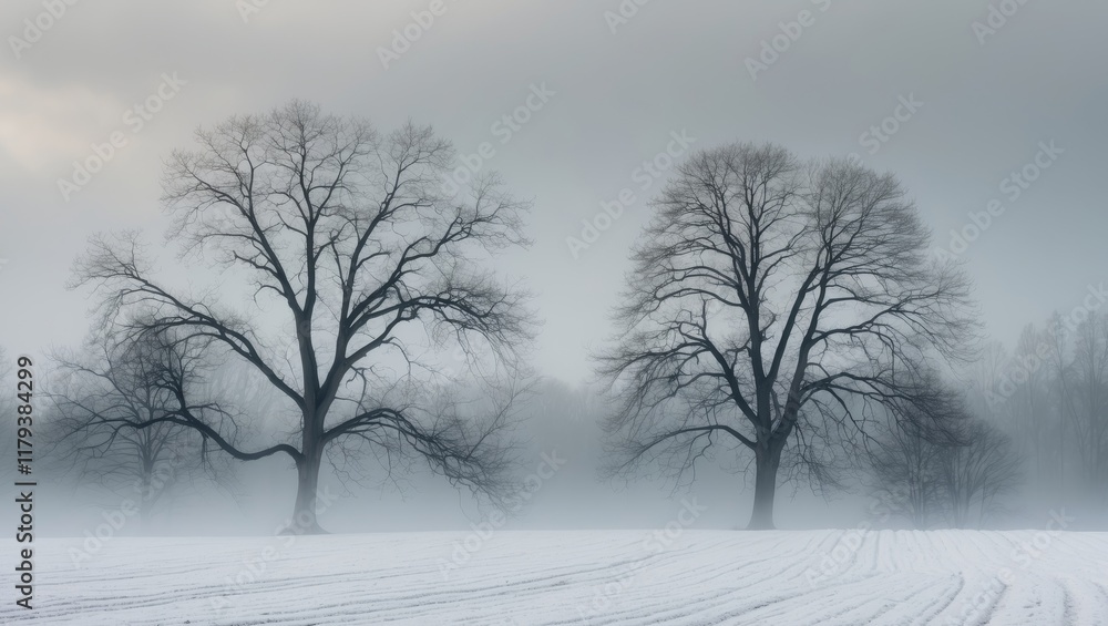 Fototapeta premium Serene winter landscape with bare trees and plowed field under overcast sky.
