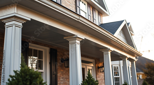 Wallpaper Mural Close-up view of a house's porch with light gray columns, a beige roofline, and brick facade.  Windows with dark shutters are visible. Small evergreen shrubs are planted at the base of the columns. Torontodigital.ca