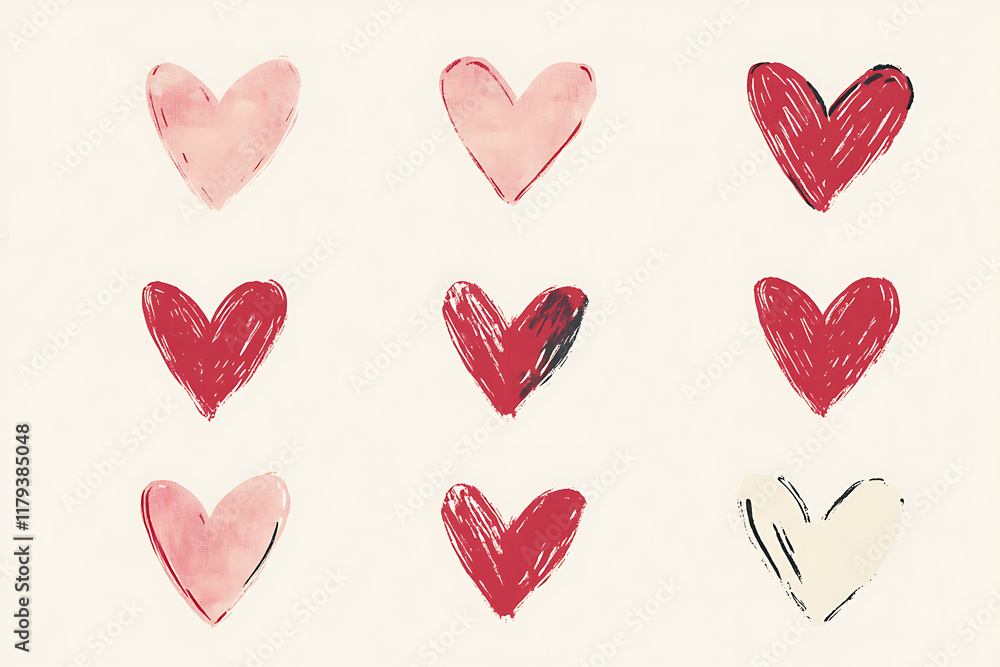 A modern print featuring red and pink love hearts in a contemporary design, perfect for trendy decor, greeting cards, or digital backgrounds, flat art
A modern print featuring red and pink love hearts in a contemporary design, perfect for trendy decor, greeting cards, or digital backgrounds, flat art