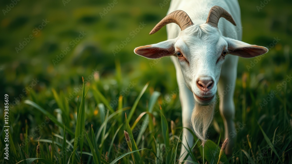 Goat foraging in a lush green field during the afternoon sunlight near a peaceful rural area Goat foraging in a lush green field during the afternoon sunlight near a peaceful rural area