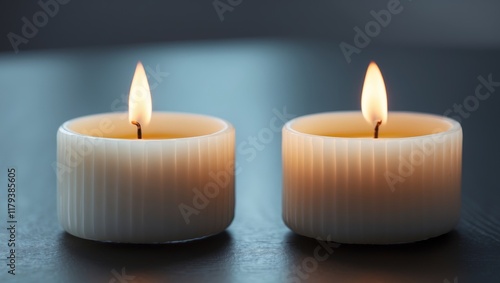 Two candles placed together on a surface. photo