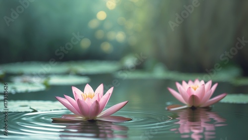 Two pink water lilies floating on top of a pond. photo