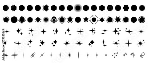 Star shape flash silhouette set, Collection of twinkling stars and sun rays decorative symbols for design. Vector icons y2k style basic shapes geometric graphic elements.
