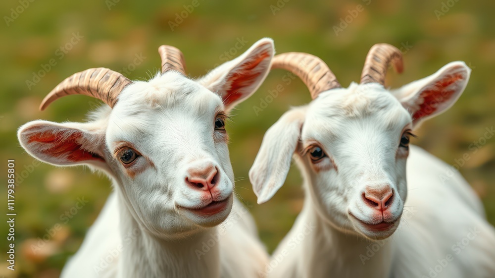 Two playful baby goats share a moment in a sunny green field during a warm afternoon in late spring Two playful baby goats share a moment in a sunny green field during a warm afternoon in late spring