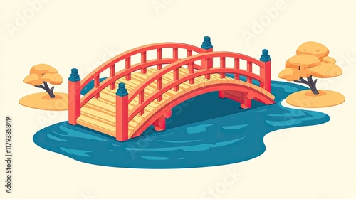 Colorful illustration of a traditional Japanese arched bridge over a pond with trees. photo