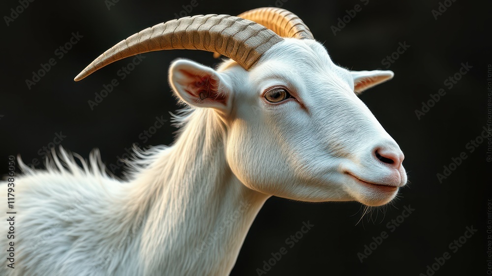 Goat with impressive horns poses against a dark background showcasing its unique features and charm Goat with impressive horns poses against a dark background showcasing its unique features and charm