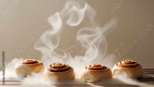 Warm Cinnamon Rolls Suspended in Soft Steam Above Cozy Wooden Counter. photo