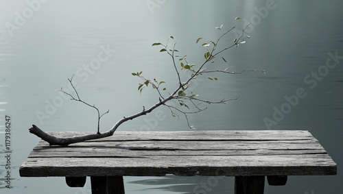 A branch of a tree on a wooden table by the water. photo