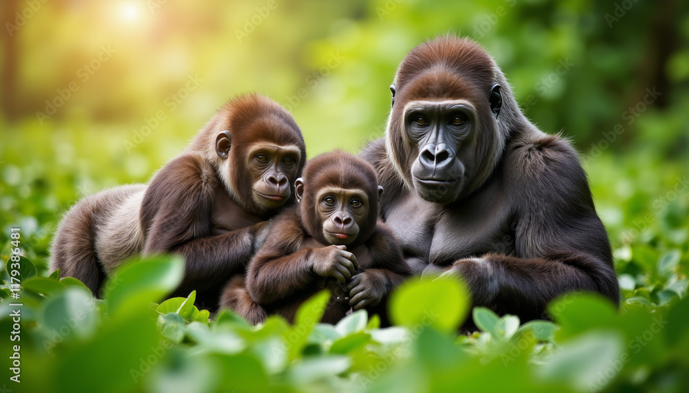 Mountain gorilla family embracing in lush jungle foliage, wildlife conservation Mountain gorilla family embracing in lush jungle foliage, wildlife conservation