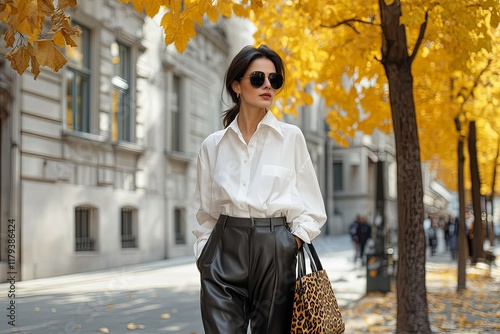 Elegant Woman in White Shirt and Leather Pants, Autumnal City Street Style
