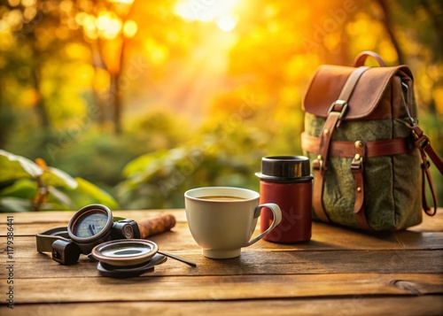 Coffee Break Travel Planning: Map, Coffee, Compass, Backpack & Binoculars with Bokeh photo