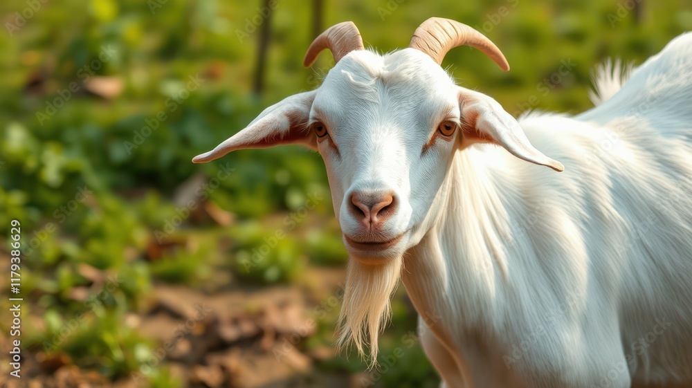 Friendly white goat stands in a green pasture under the warm sunlight Friendly white goat stands in a green pasture under the warm sunlight