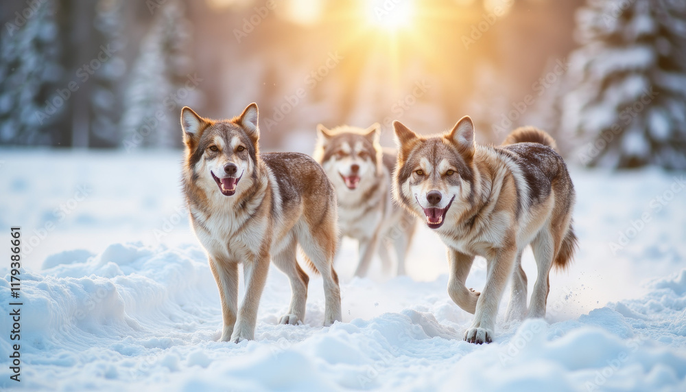 Wolf pack playing in snowy landscape at dawn, wildlife celebration Wolf pack playing in snowy landscape at dawn, wildlife celebration