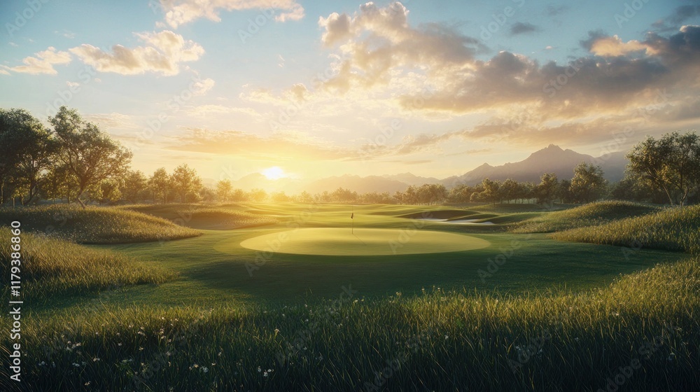 A serene golf course at sunset, showcasing lush greens and rolling hills. A serene golf course at sunset, showcasing lush greens and rolling hills.