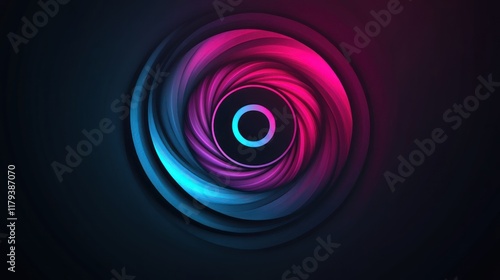 Abstract swirling neon pink and blue circle vortex on dark background.