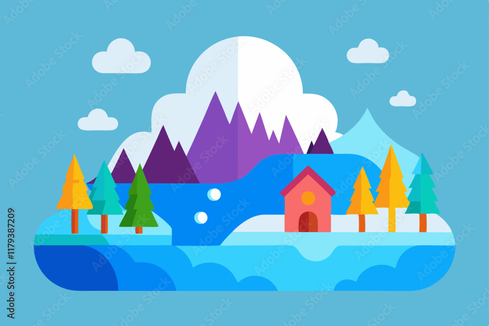 Snowy Winter Wonderland with Cozy Red House Snowy Winter Wonderland with Cozy Red House