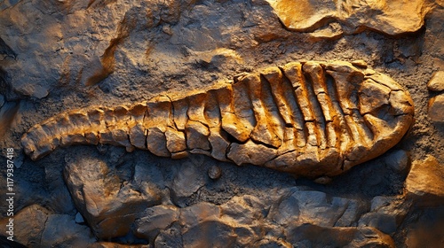 Fossil spine, ancient rocks, paleontology, sunlight, museum display photo