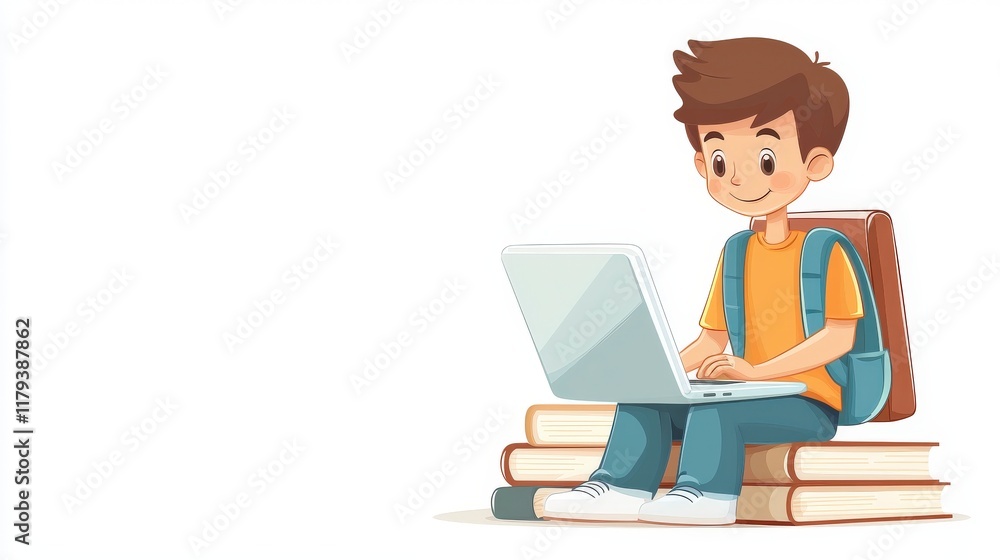 Young Boy with Backpack Sitting on Books Working on Laptop in Colorful Classroom Environment Young Boy with Backpack Sitting on Books Working on Laptop in Colorful Classroom Environment