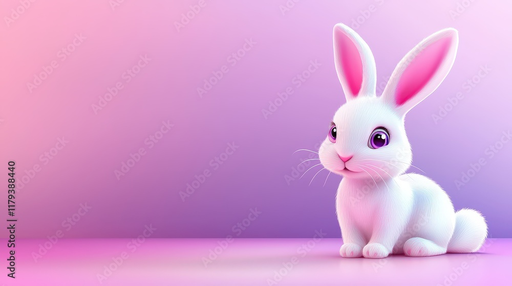 Obraz premium A charming pink Easter bunny icon with floppy ears, outlined in white, placed on a gradient pink and purple background.