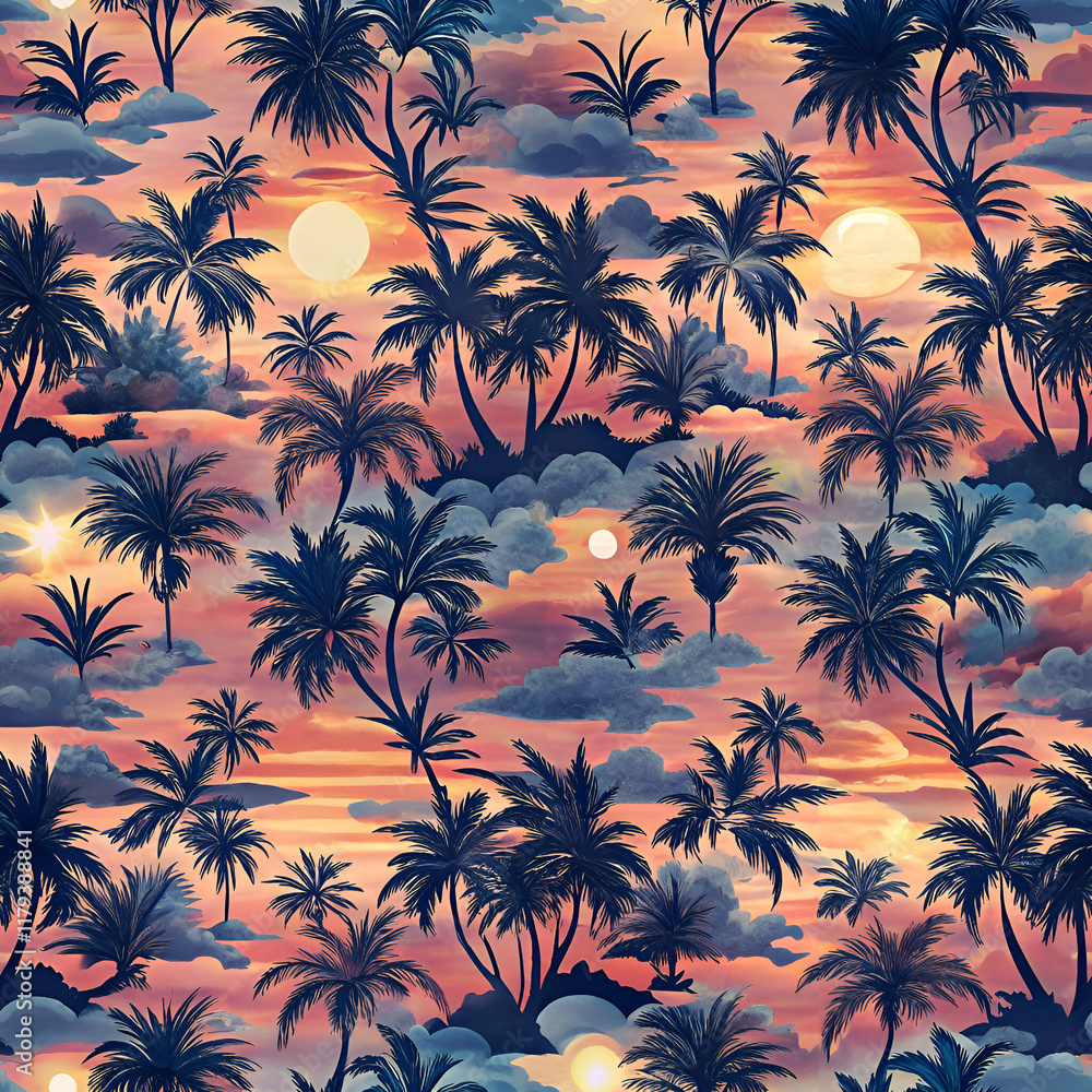 Sunset Palm Tree Seamless Pattern for Tropical Designs. Sunset Palm Tree Seamless Pattern for Tropical Designs.