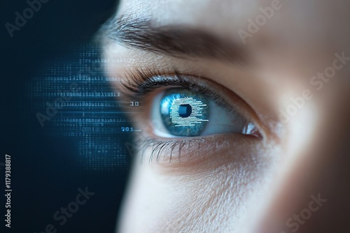 Close-up of a human eye displaying digital code reflecting innovative technology and vision
