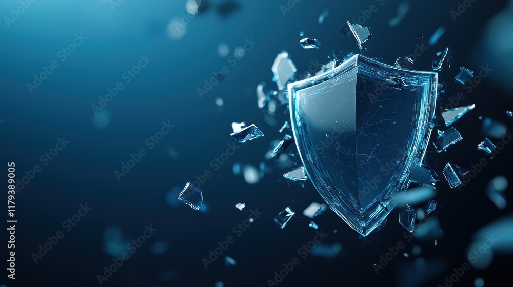 Fototapeta premium Hacking disruption. Shattered glass shield symbolizing protection and security against threats.