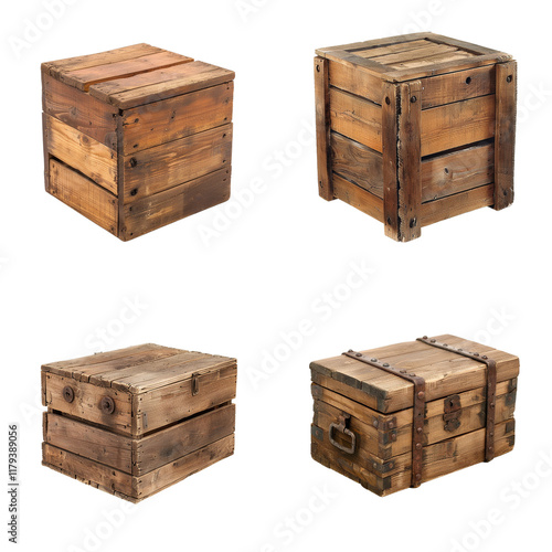 types wooden boxes isolated on background, lumber grunge freight old