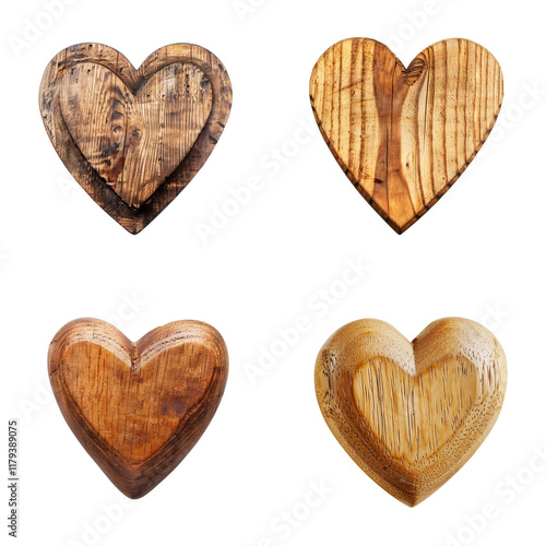 wooden hearts isolated cutout on background, handmade craft decoration unique