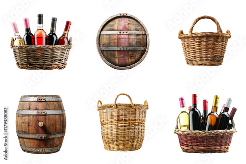 wicker baskets wine bottles wooden barrels on background, natural traditional rustic container