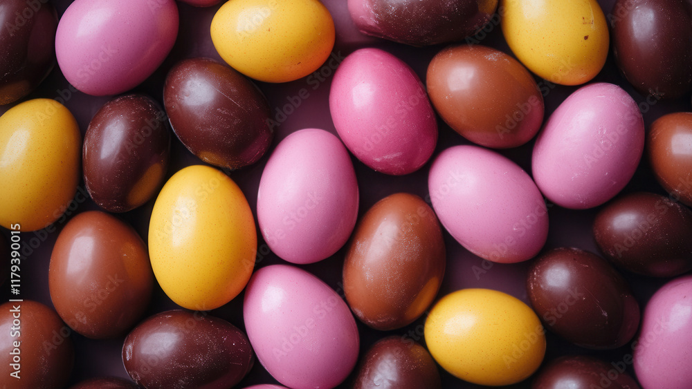 Colorful brown and pink chocolate easter eggs background, top view from above Colorful brown and pink chocolate easter eggs background, top view from above
