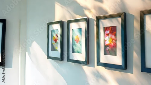 Artistic gallery wall with floral paintings illuminated by soft sunlight