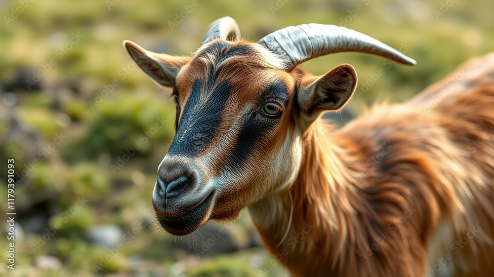 Brown and white goat with curved horns grazing in a grassy field during daylight hours Brown and white goat with curved horns grazing in a grassy field during daylight hours