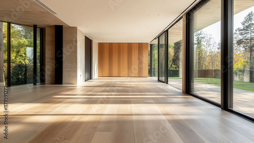 Fototapeta Naklejka Na Ścianę i Meble -  Empty room with a light wood floor and large windows