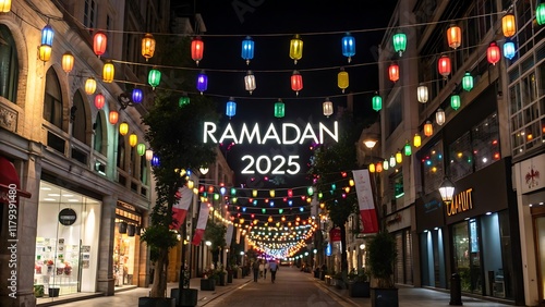 Vibrant Ramadan Street Scene with Hanging Lanterns and Colorful Decorations for Modern Ramadan 2025 Visuals photo