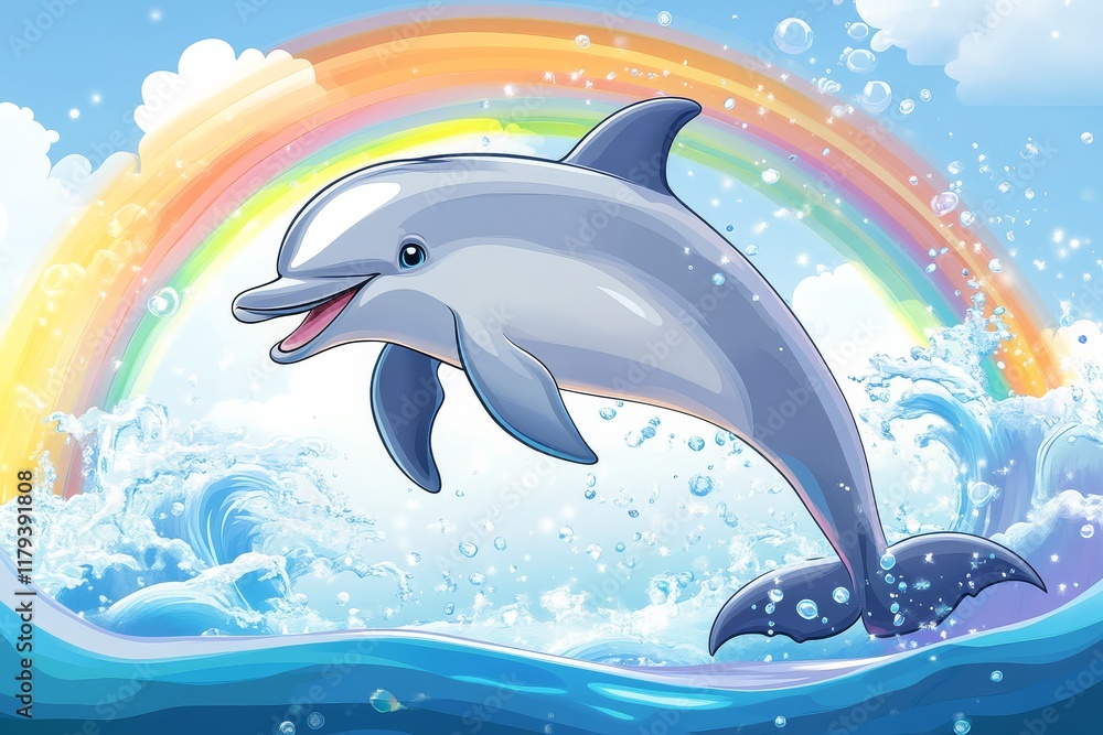 Fototapeta premium A playful dolphin leaps through vibrant waves under a bright rainbow, capturing a joyful and colorful marine scene.