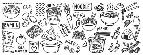 Delicious asian cuisine, noodle and ramen doodle hand drawn icon set for restaurant menu. Outline drawing noodle and ramen line clipart symbol collection
